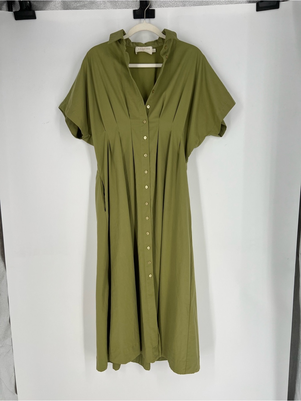 Exquise Anthro Tobie Olive Green Pleated Button Down Midi Dress Maternity XS